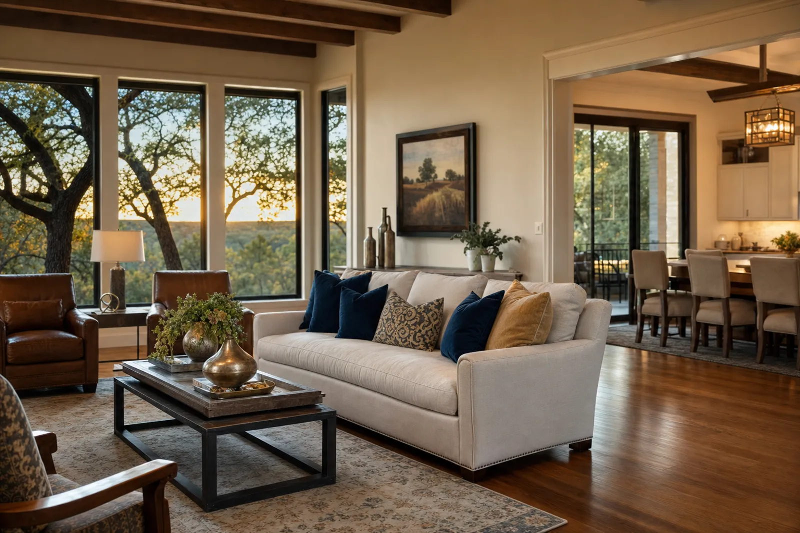 Sunlit, tastefully furnished living room in a San Antonio home with Hill Country views