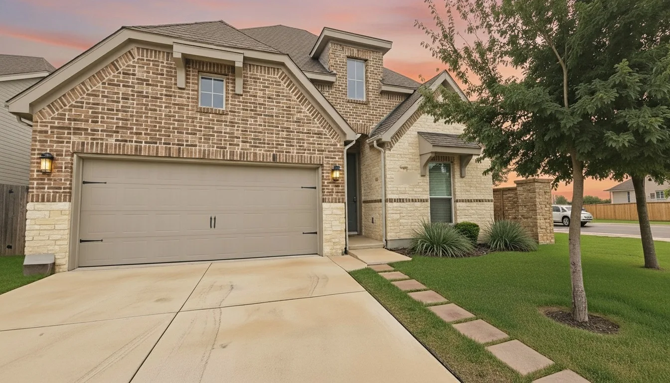 Brick exterior of the Aggie Run furnished home with address plaque obscured for privacy