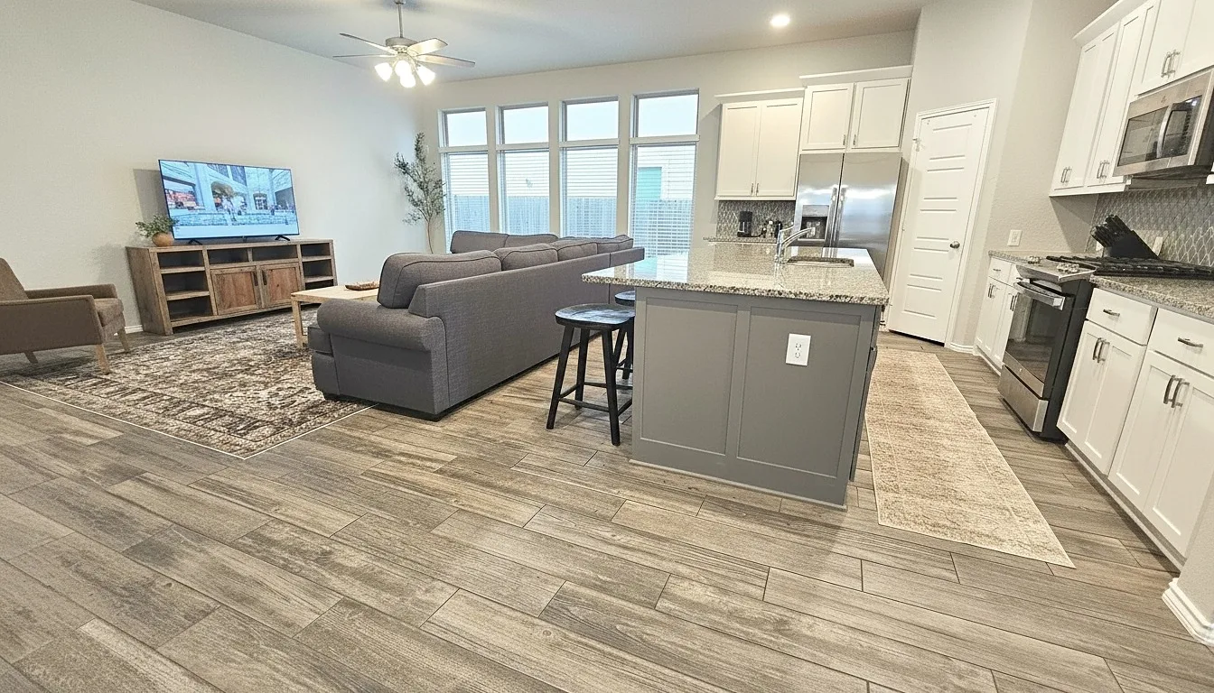 Open kitchen and living area with a large island at Aggie Run