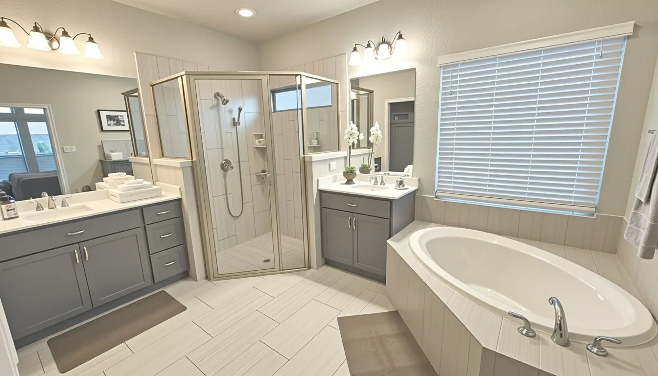 Primary bathroom with dual vanities, shower, and soaking tub at Aggie Run